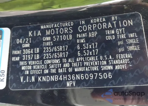 2022 Kia Carnival Mpv Lx Seat Package из США, поврежденный, VIN KNDNB4H36N6097506